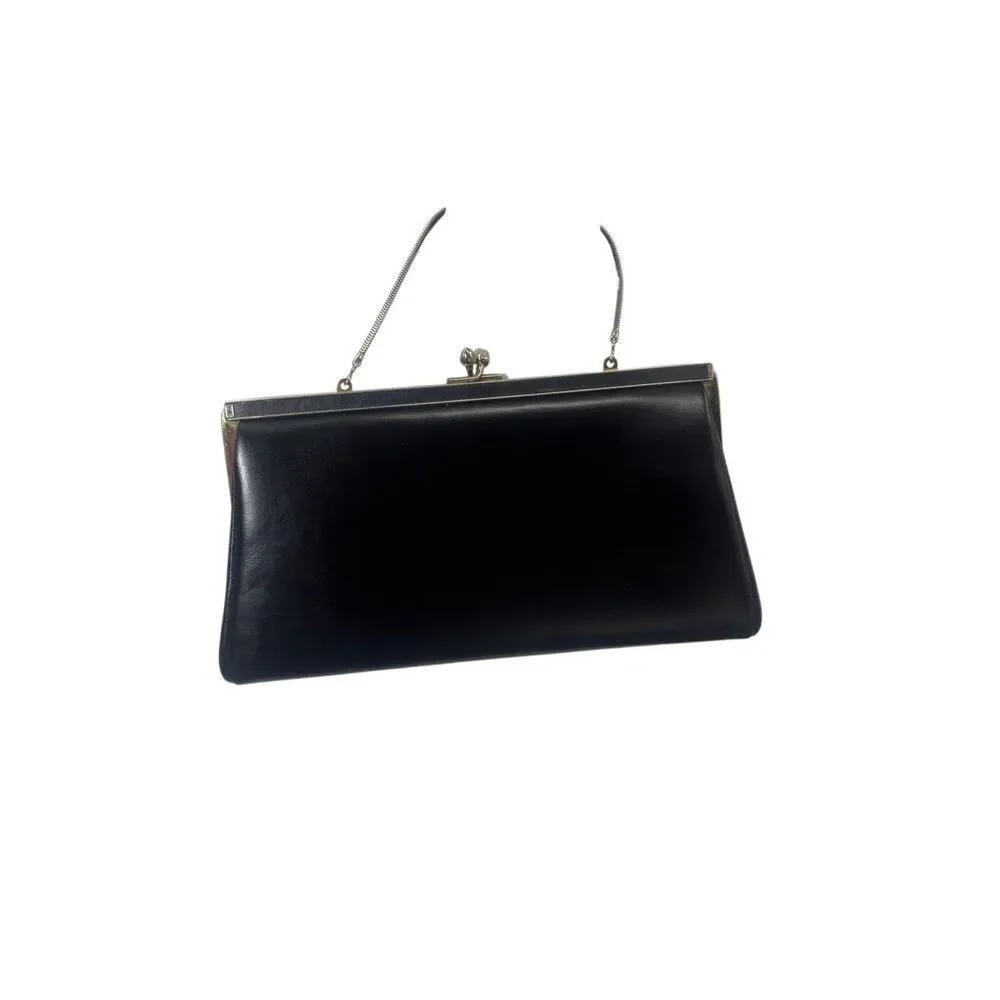 Ande Vintage Black Leather Clutch Evening Bag With Chain Strap